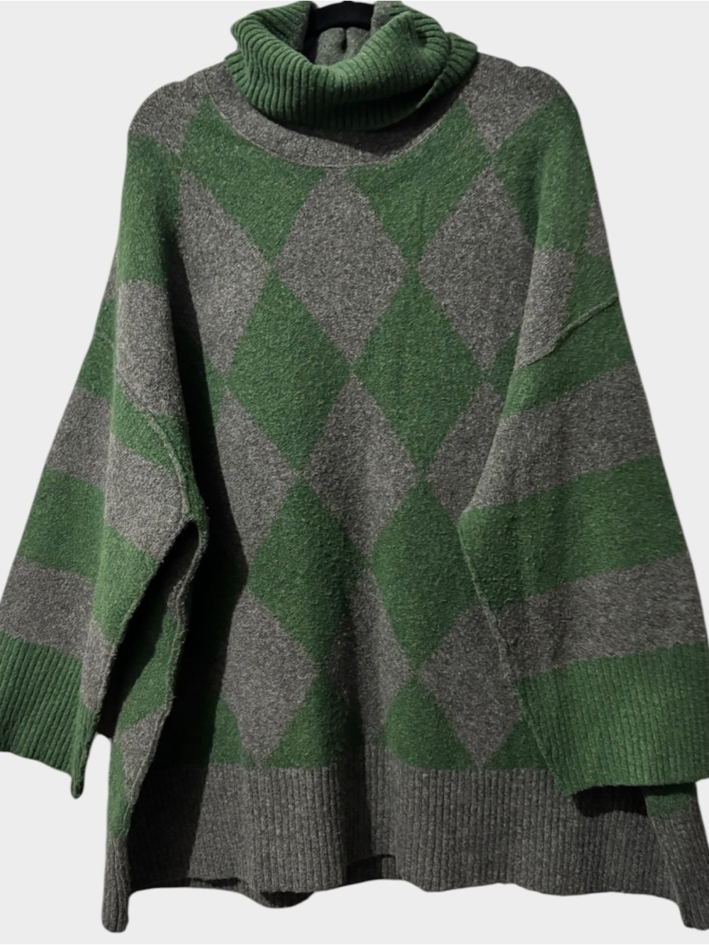 Free People Harley Oversized Argyle Cowl Neck Sweater Green Gray Women’s M - Picture 4 of 9